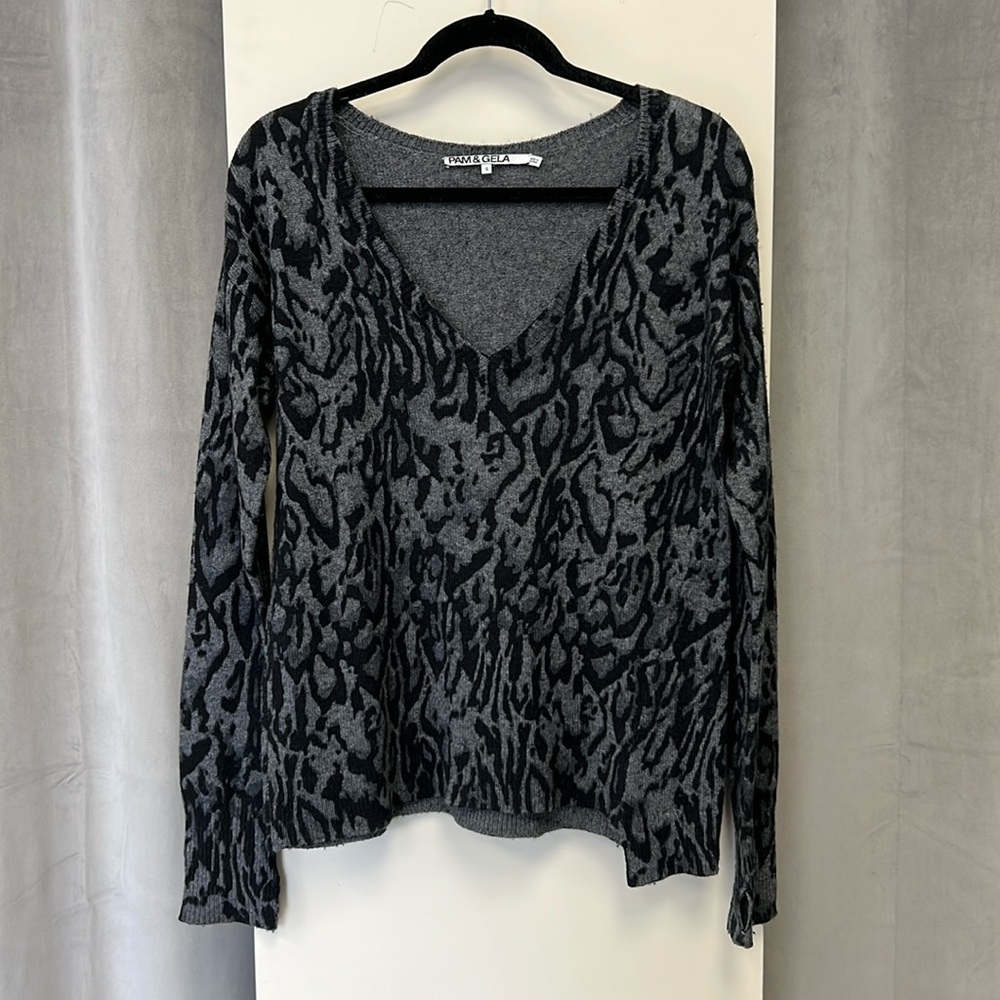 Pam & Gela Ocelot Snake Print V-Neck Cashmere Sweater